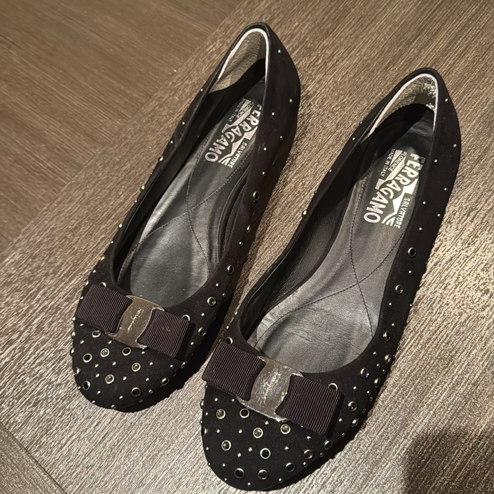 Ferragamo Black Studded Flats